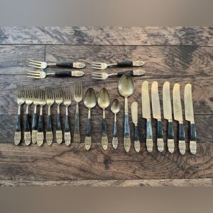 22pc Vintage Thai Seated Buddha Brass & Rosewood Flatware